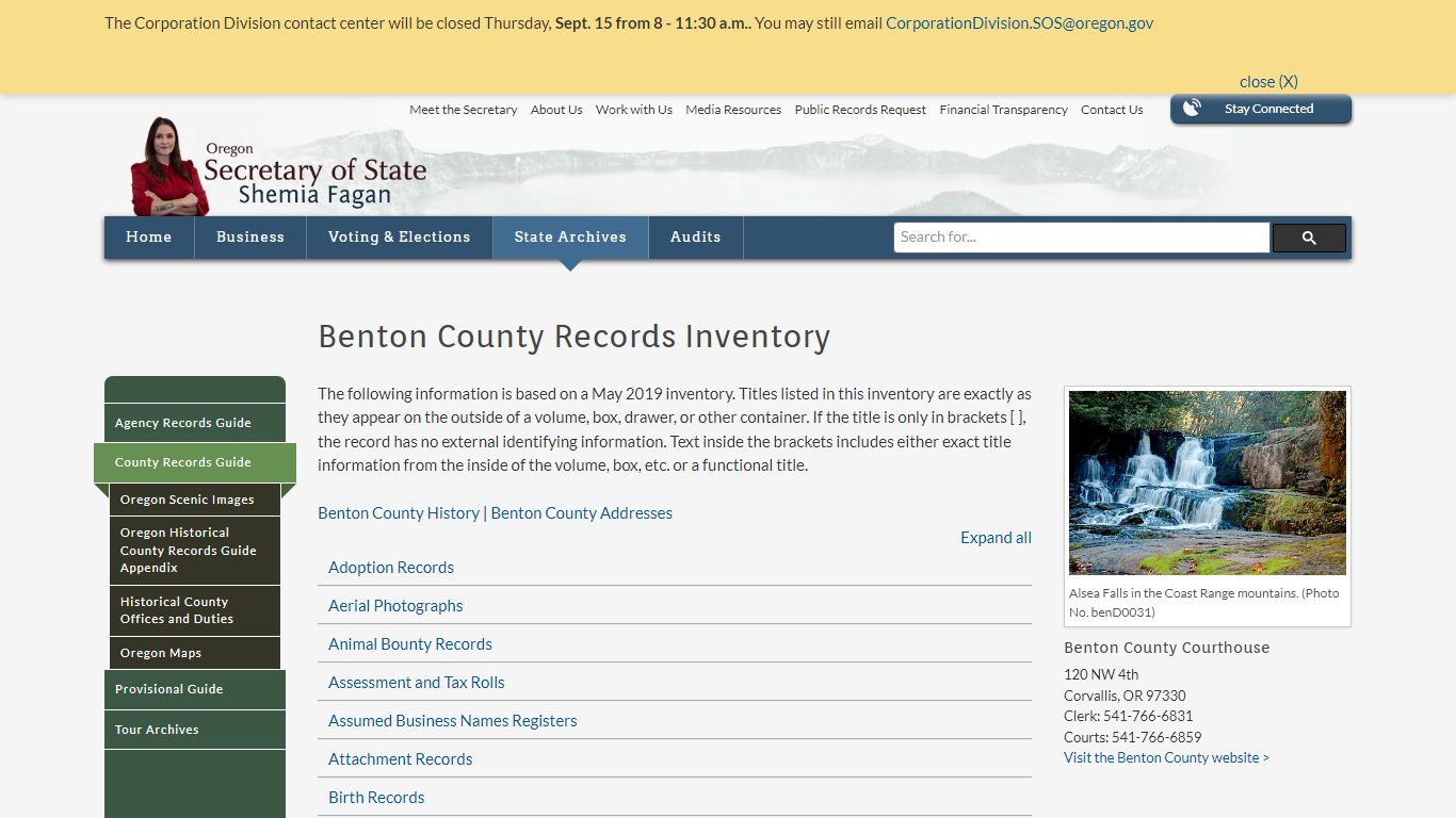 State of Oregon: County Records Guide - Benton County Records Inventory
